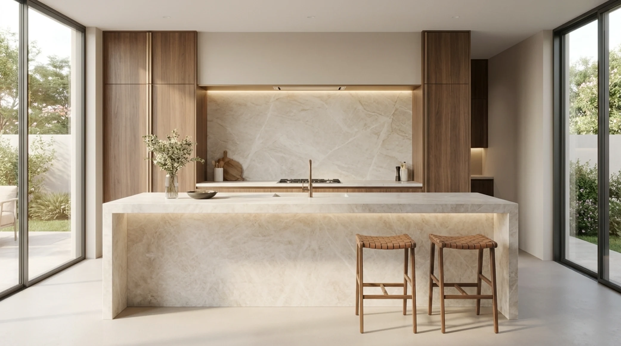 Taj Mahal quartzite island in a warm, minimalist kitchen