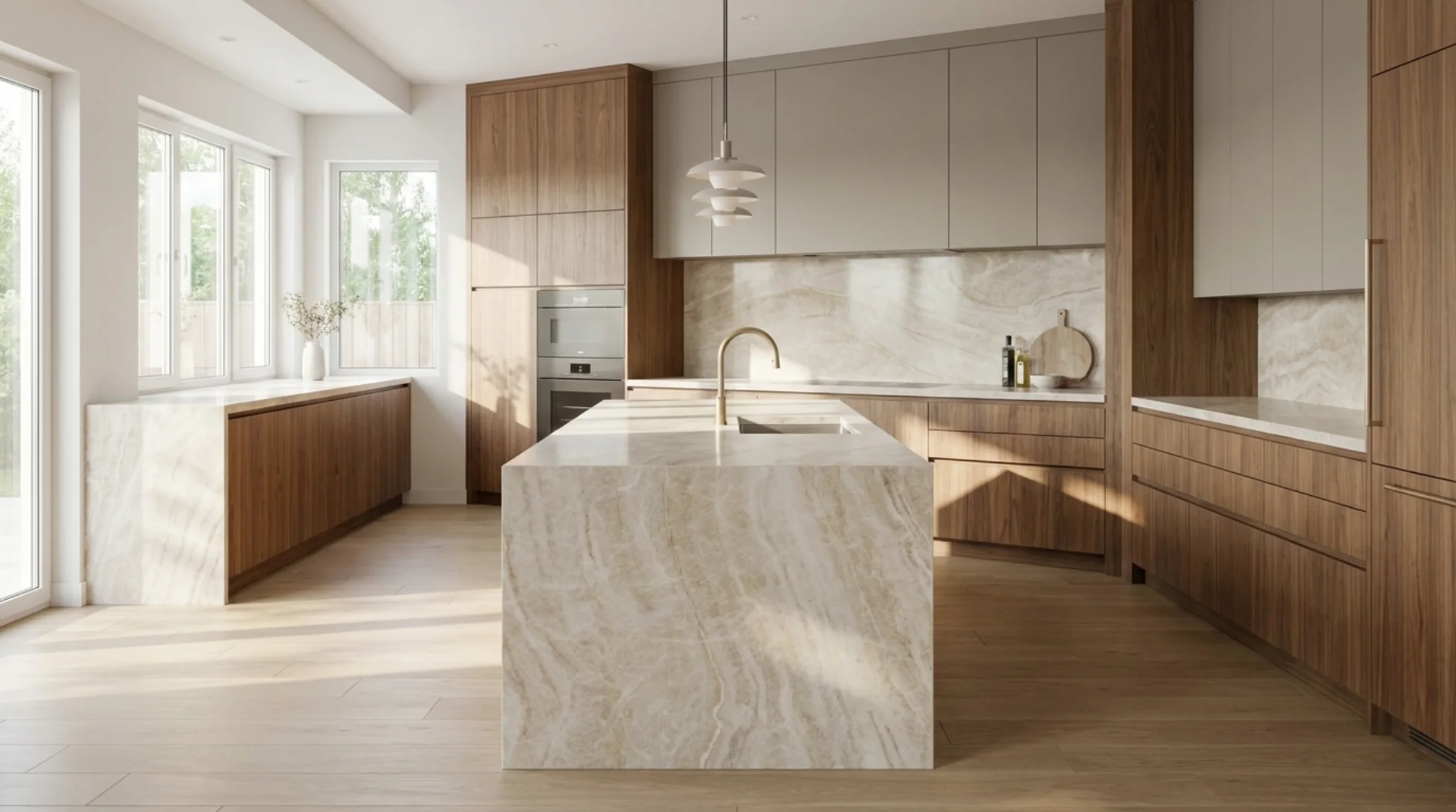 Taj Mahal quartzite waterfall island design reference
